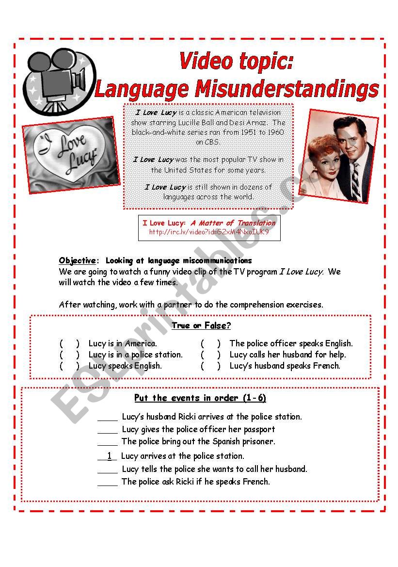 Youtube:  Language Misunderstandings: I Love Lucy [2 pages w/ exercises & discussion questions]